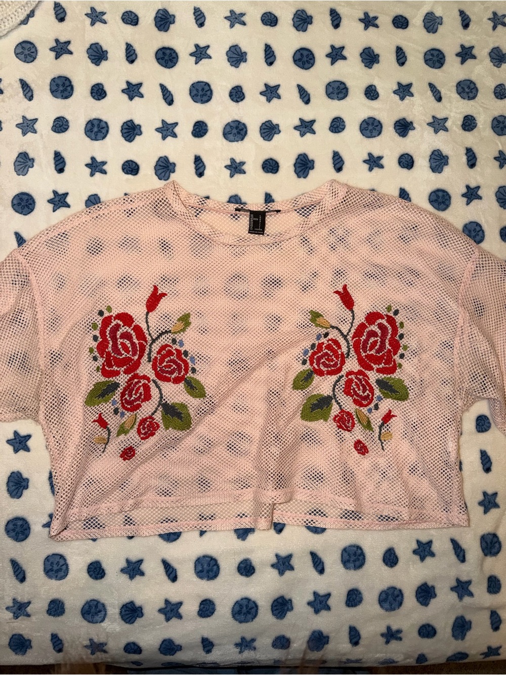 Ladies Pink Mesh Crop Top with Red Rose Embroidery